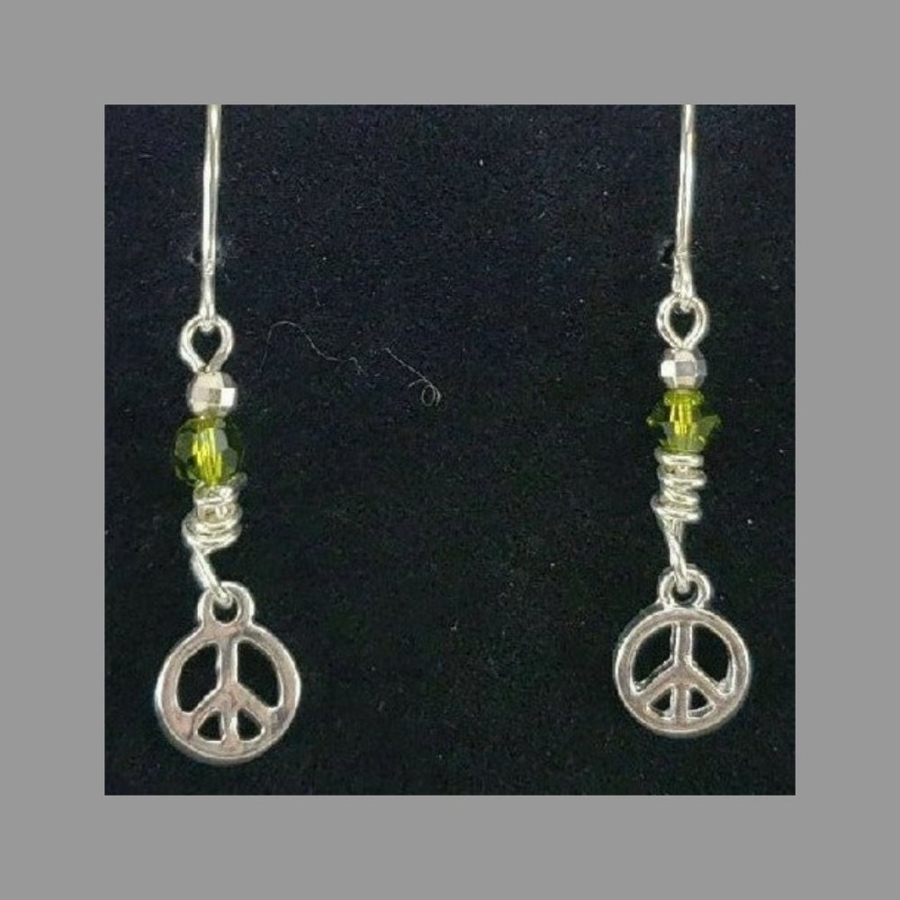 Tiny Silver Peace Sign Earrings with Green Swarovski Crystals